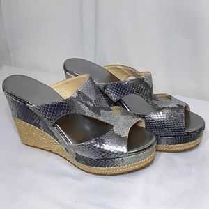 Jimmy Choo silver snake skin wedges.